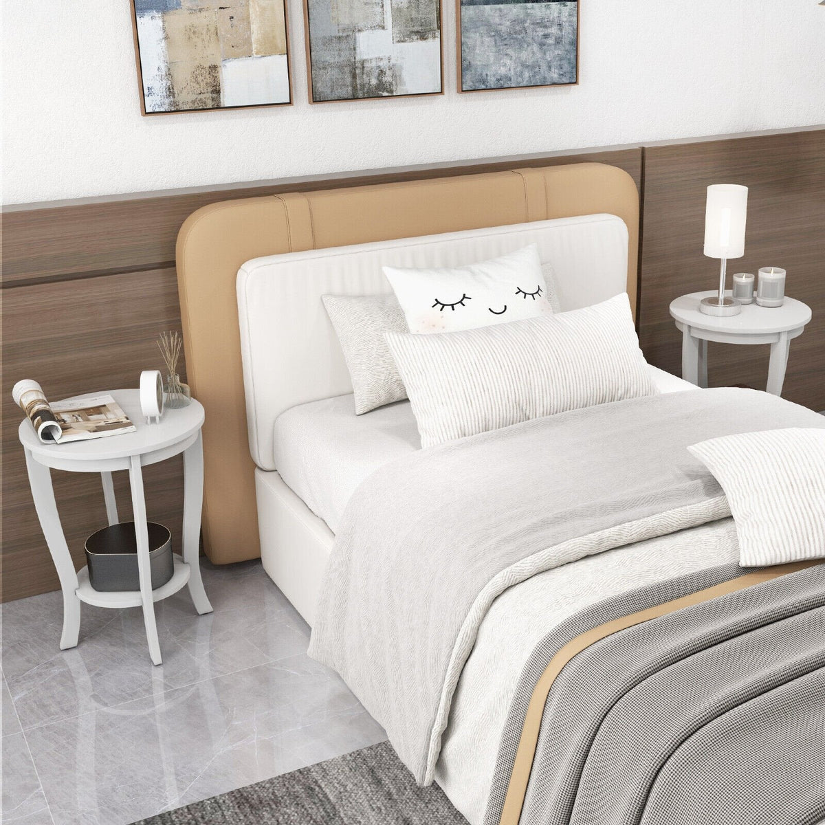 2 Tier Round End Table with Solid Rubber Wood Legs, White
