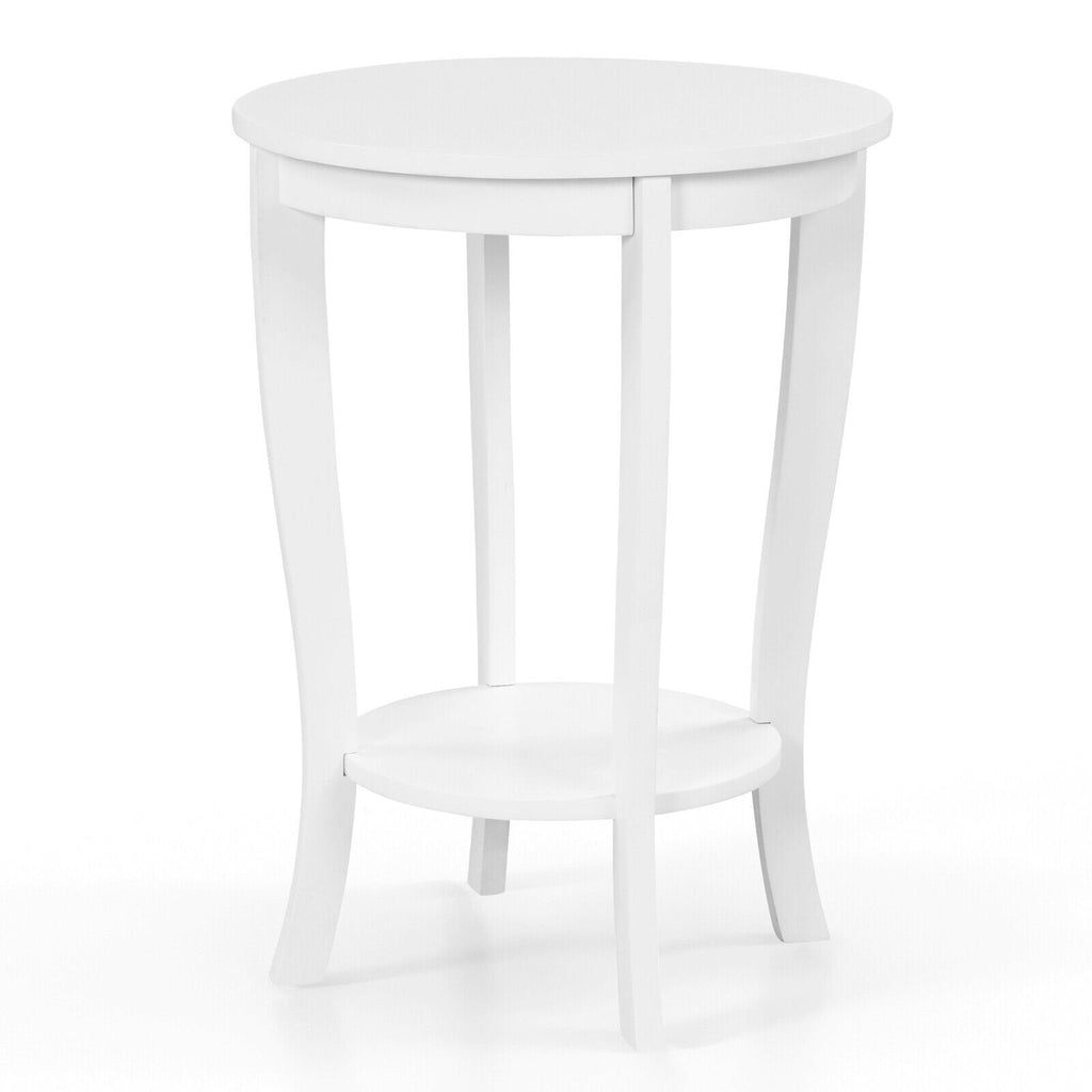 2 Tier Round End Table with Solid Rubber Wood Legs, White