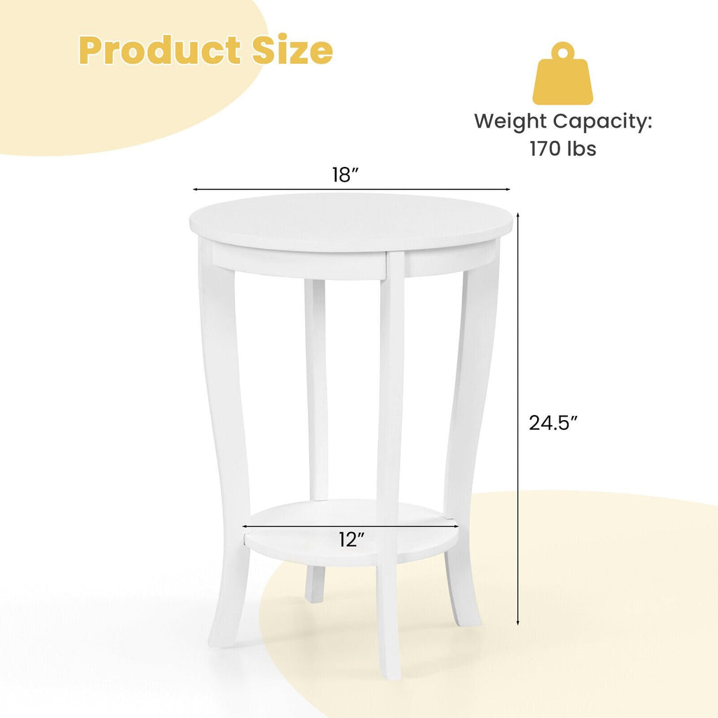 2 Tier Round End Table with Solid Rubber Wood Legs, White