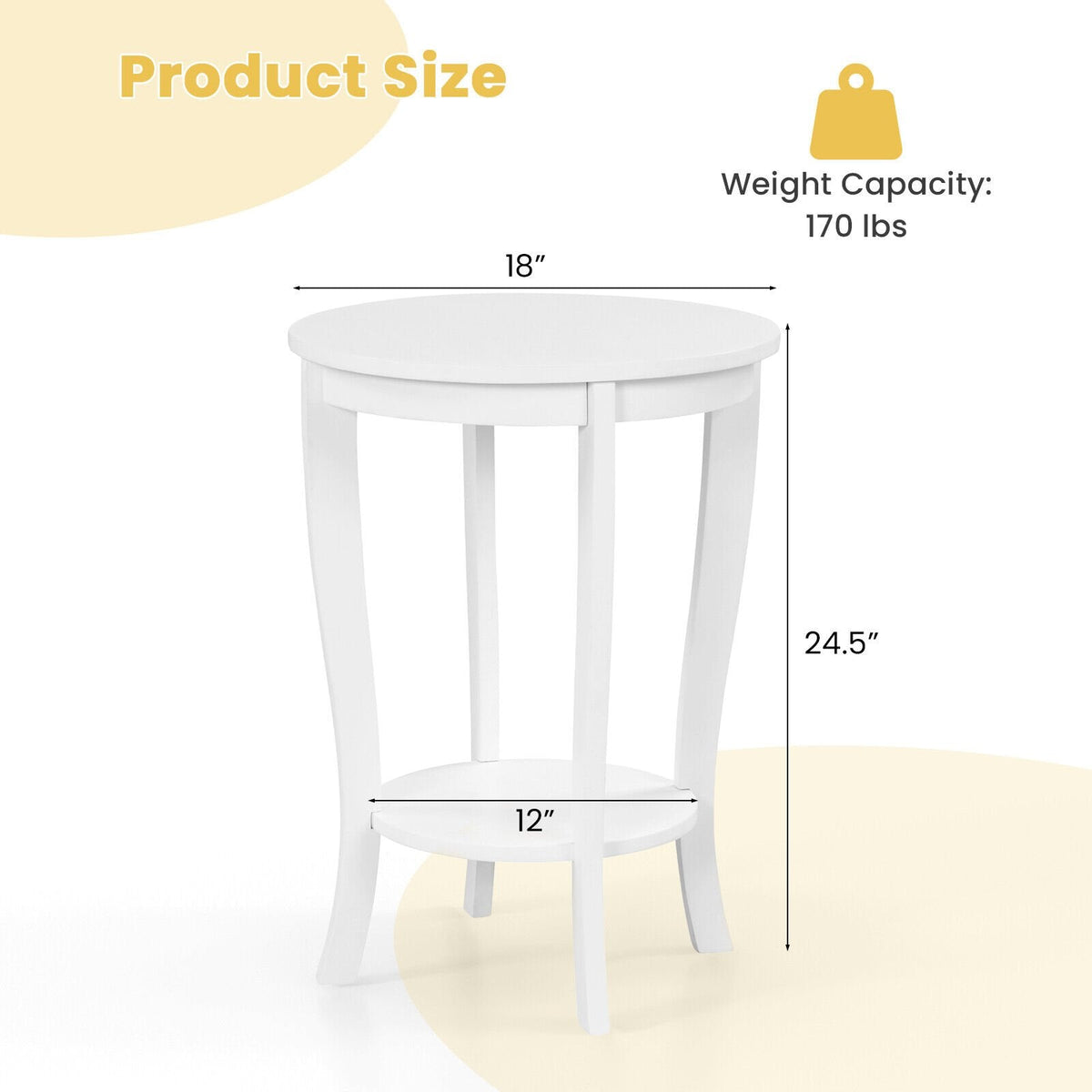 2 Tier Round End Table with Solid Rubber Wood Legs, White