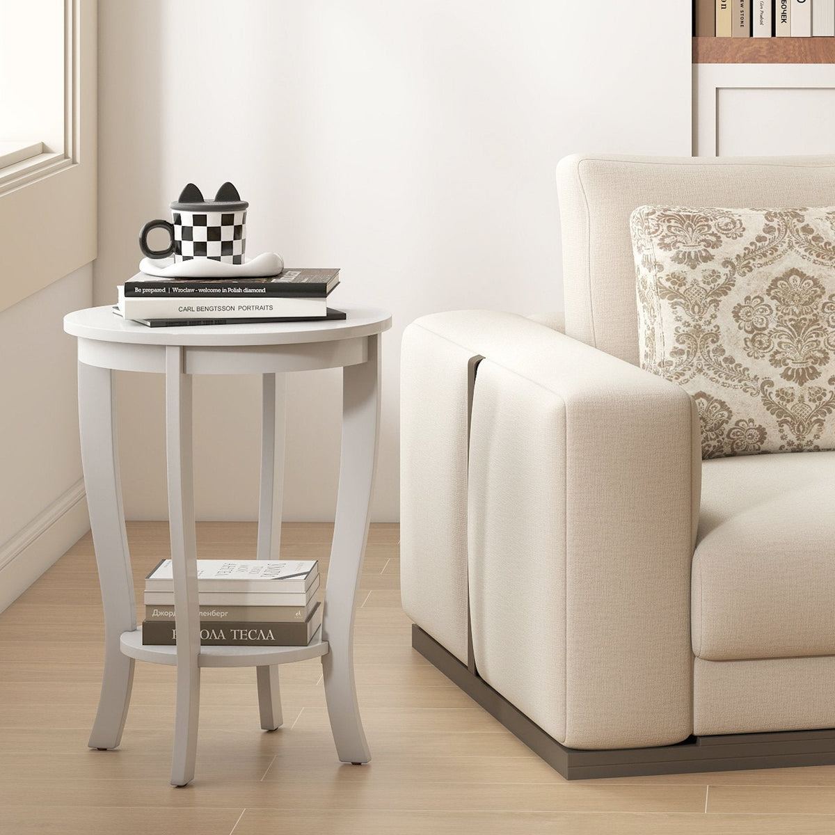 2 Tier Round End Table with Solid Rubber Wood Legs, White