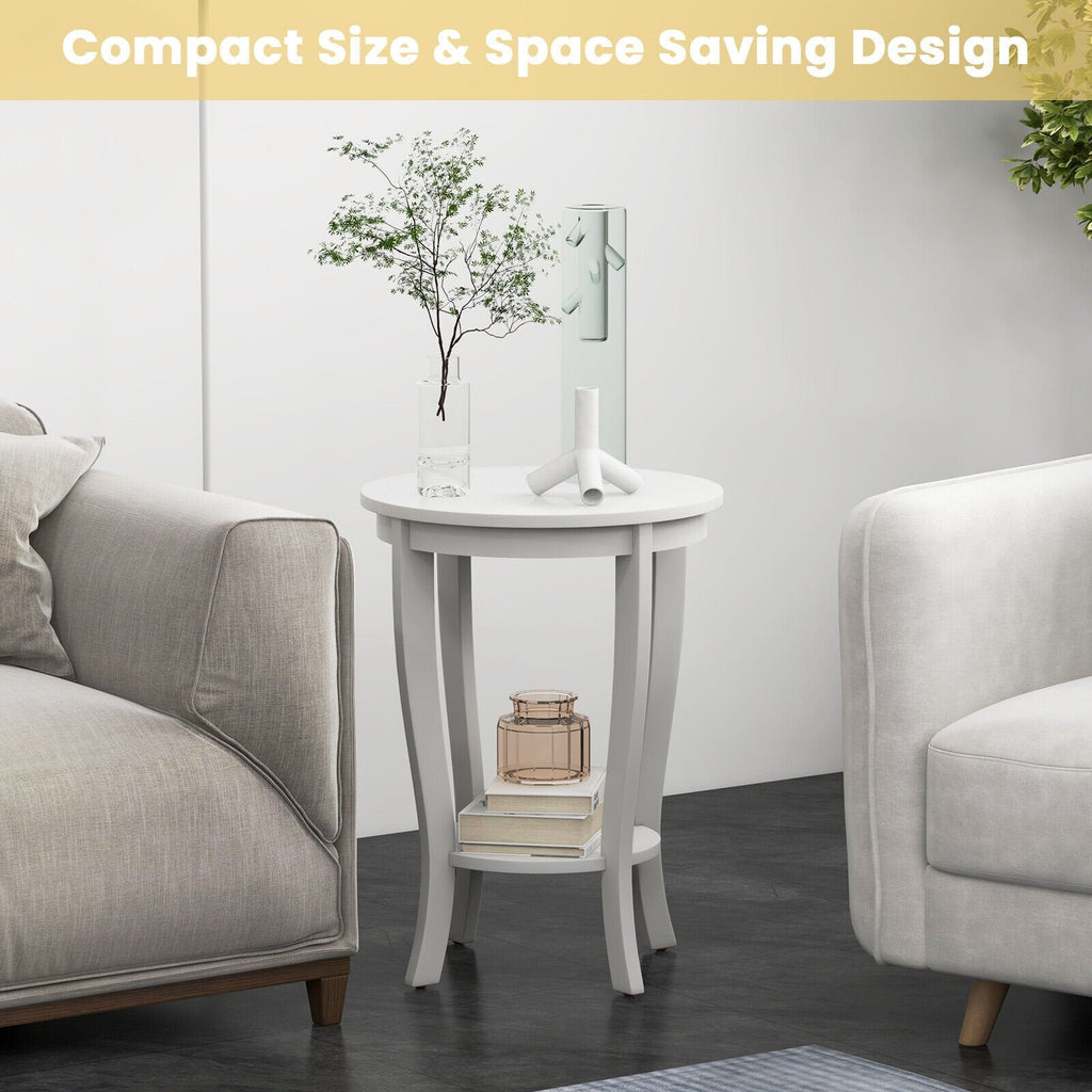 2 Tier Round End Table with Solid Rubber Wood Legs, White