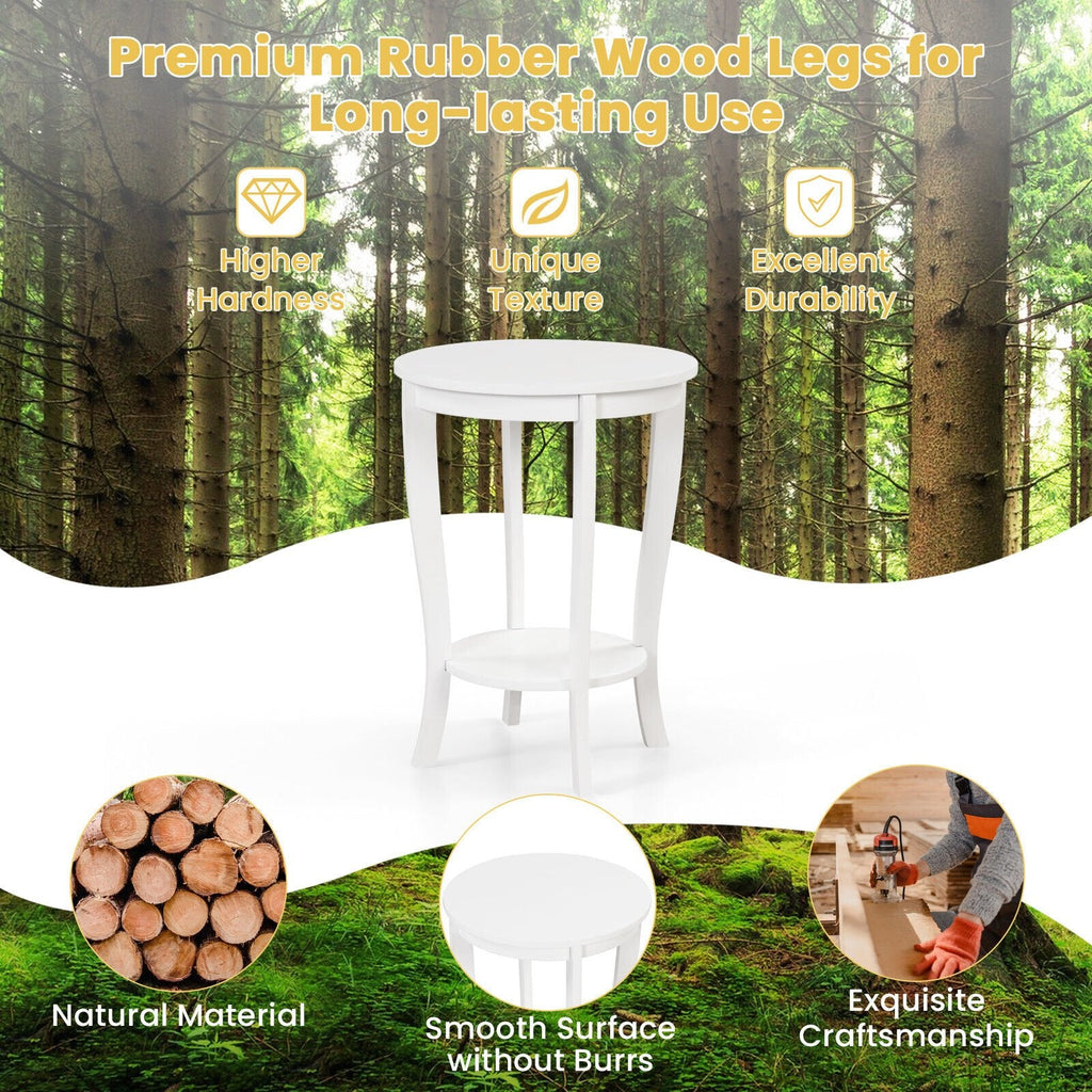 2 Tier Round End Table with Solid Rubber Wood Legs, White