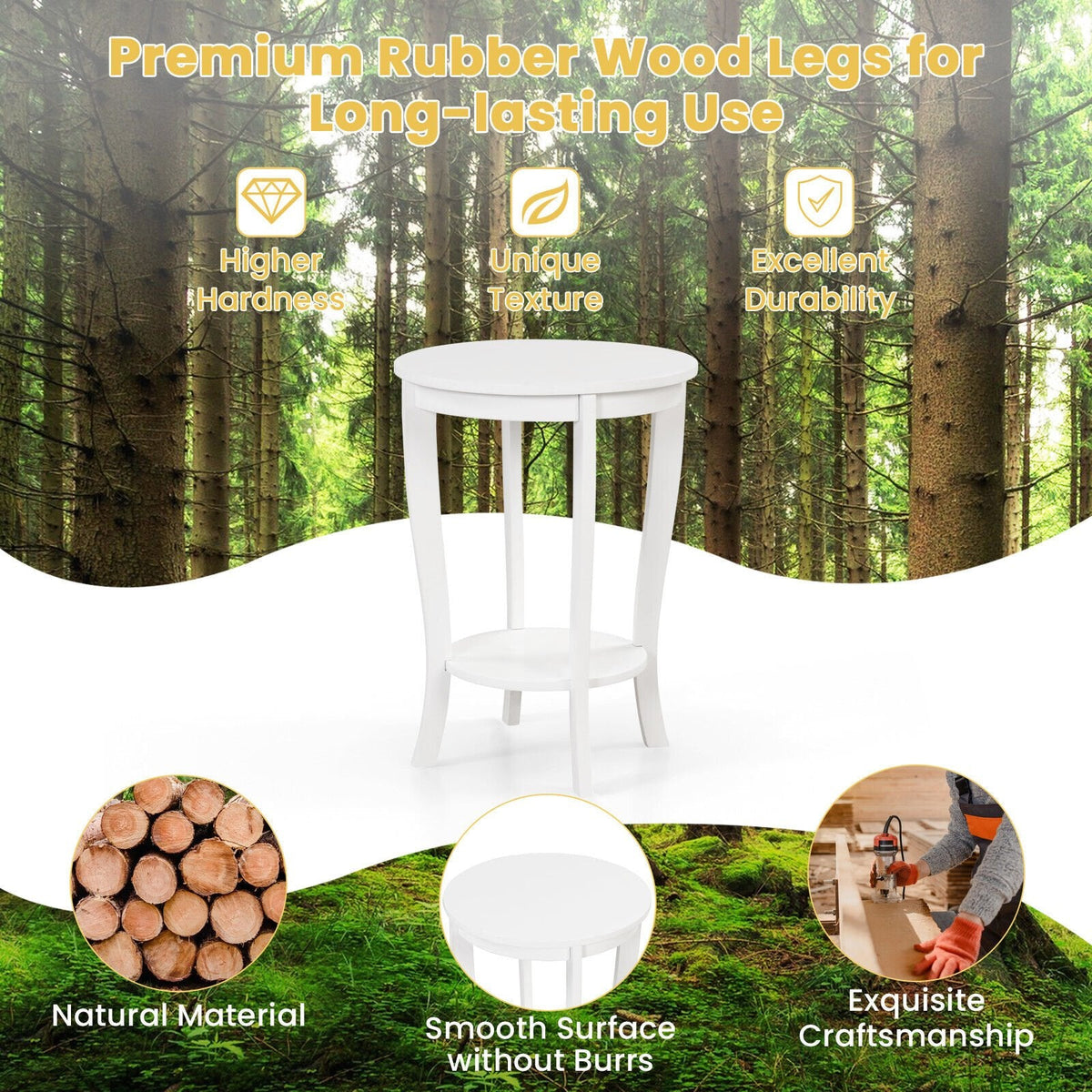 2 Tier Round End Table with Solid Rubber Wood Legs, White