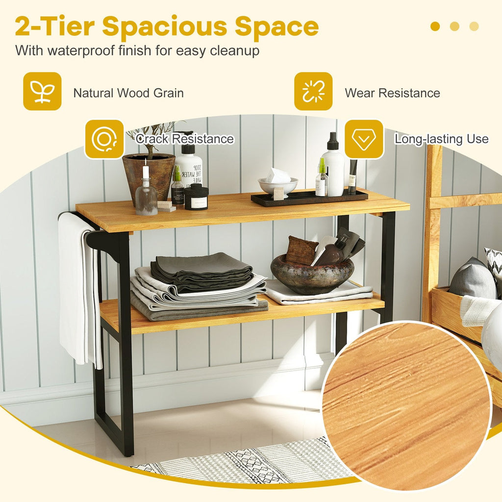 2-Tier Solid Teak Wood Bathroom Shelf with Towel Rack