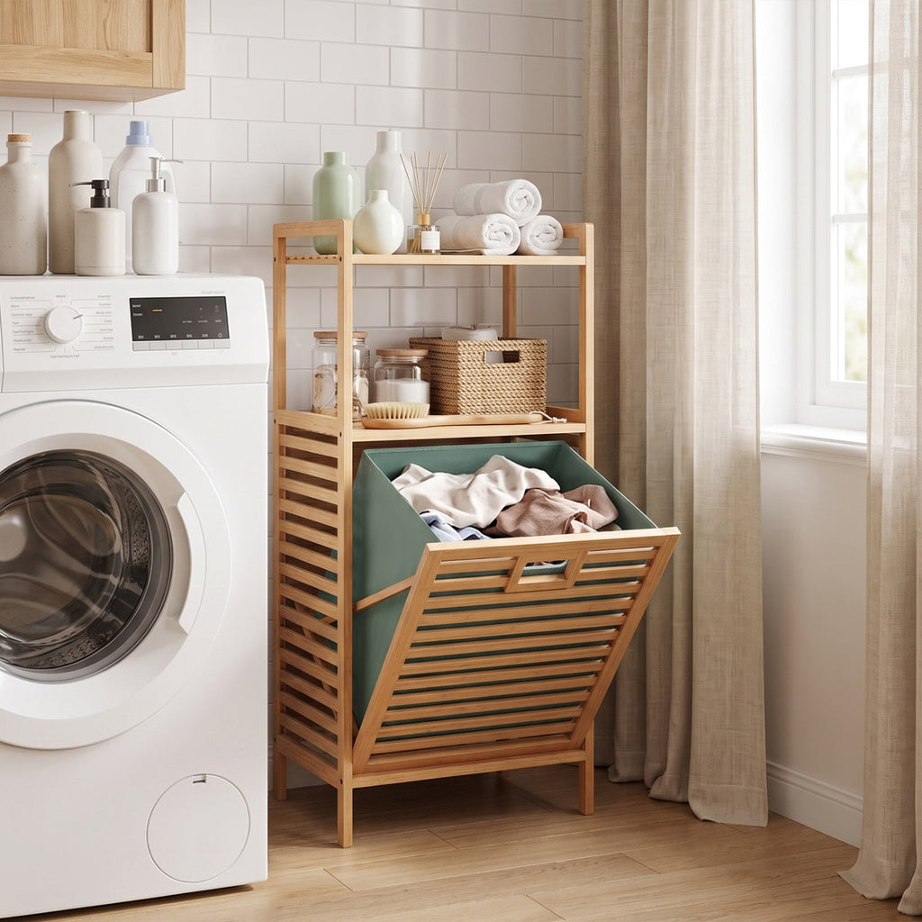 2-Tier Tilt out Laundry Hamper with Foldable and Removable Basket-Green