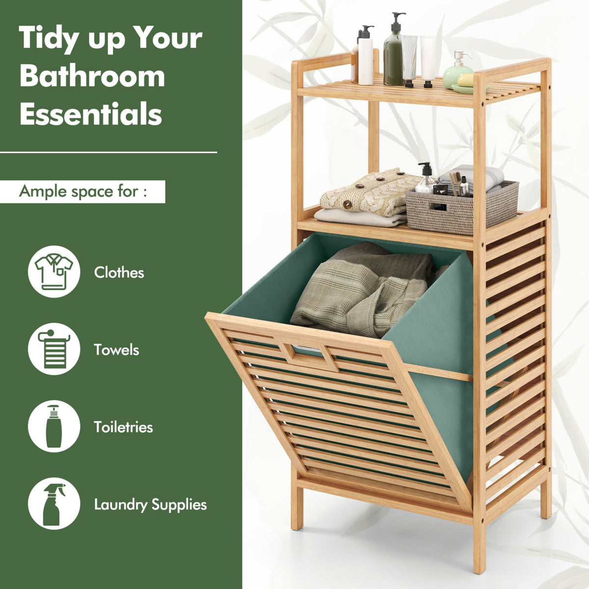 2-Tier Tilt out Laundry Hamper with Foldable and Removable Basket-Green