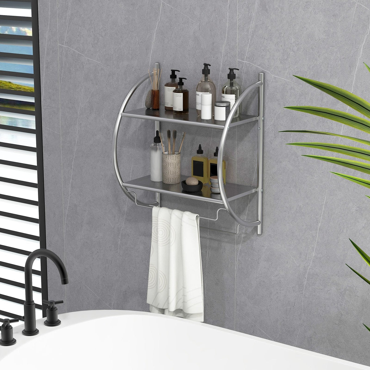 Wall Mounted 2-Tier Bathroom Towel Rack with 2 Towel Bars-Silver