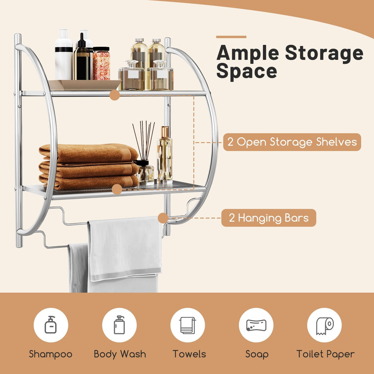 Wall Mounted 2-Tier Bathroom Towel Rack with 2 Towel Bars-Silver