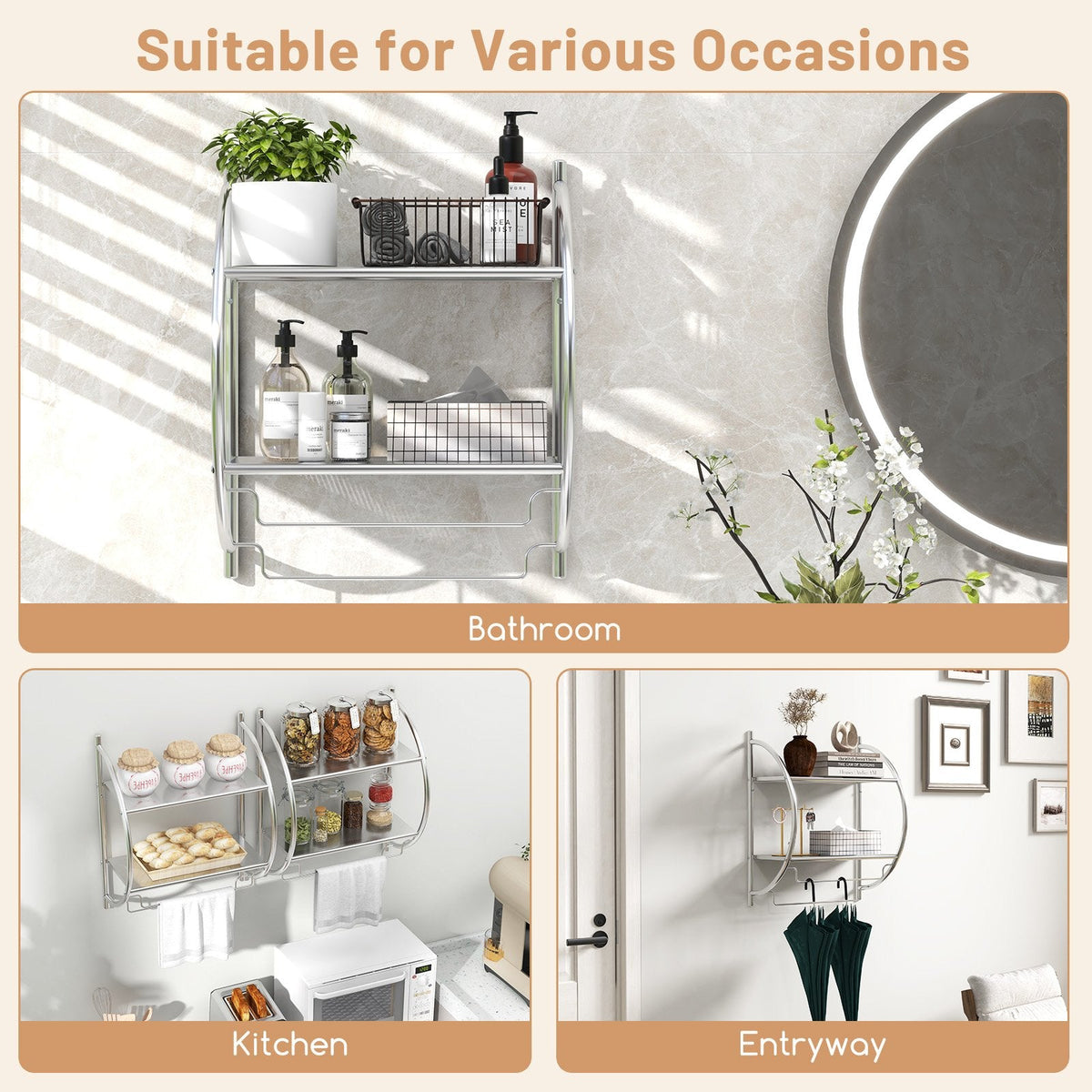 Wall Mounted 2-Tier Bathroom Towel Rack with 2 Towel Bars-Silver