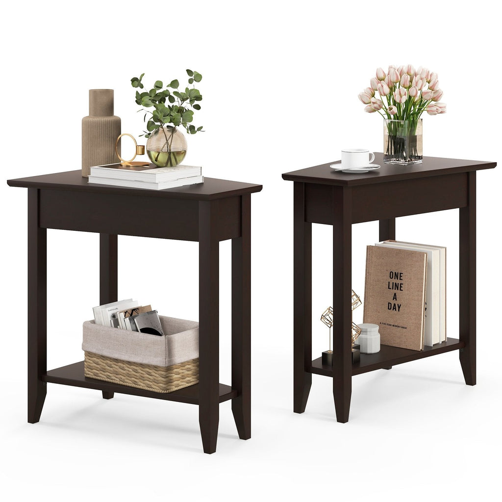 2-Tier Wedge Narrow End Table with Storage Shelf and Solid Wood Legs, Espresso