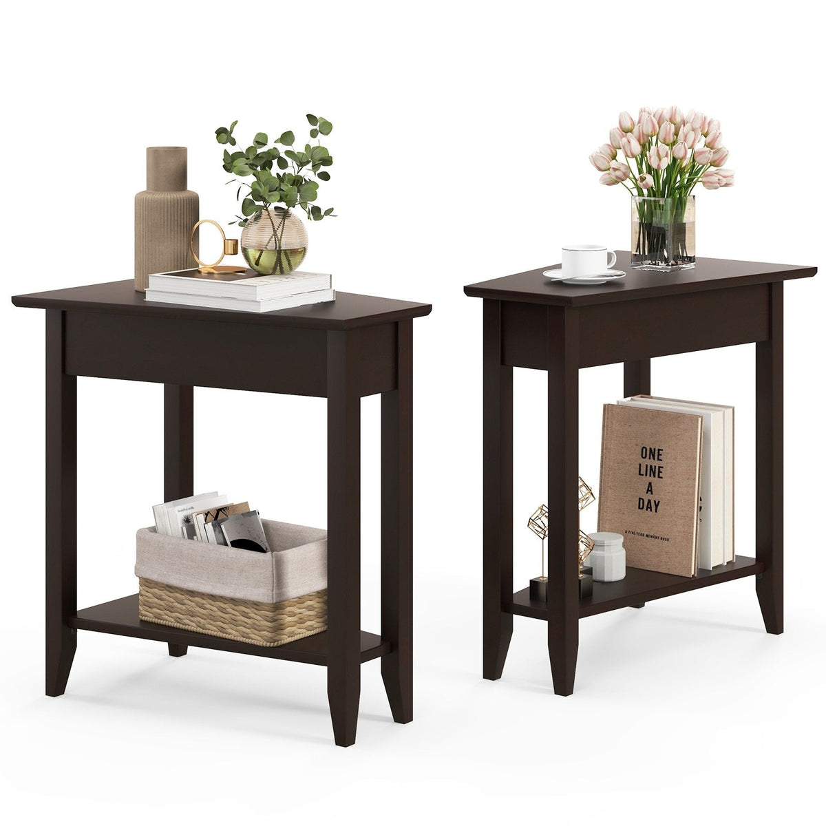 2-Tier Wedge Narrow End Table with Storage Shelf and Solid Wood Legs, Espresso