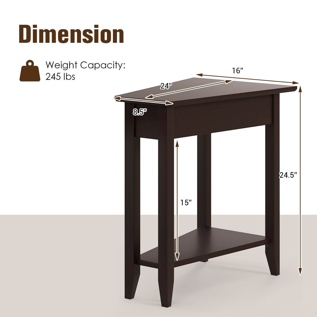 2-Tier Wedge Narrow End Table with Storage Shelf and Solid Wood Legs, Espresso