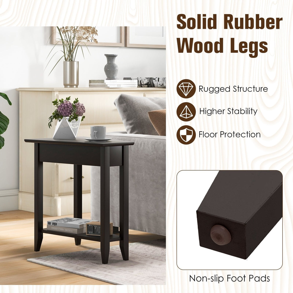2-Tier Wedge Narrow End Table with Storage Shelf and Solid Wood Legs, Espresso