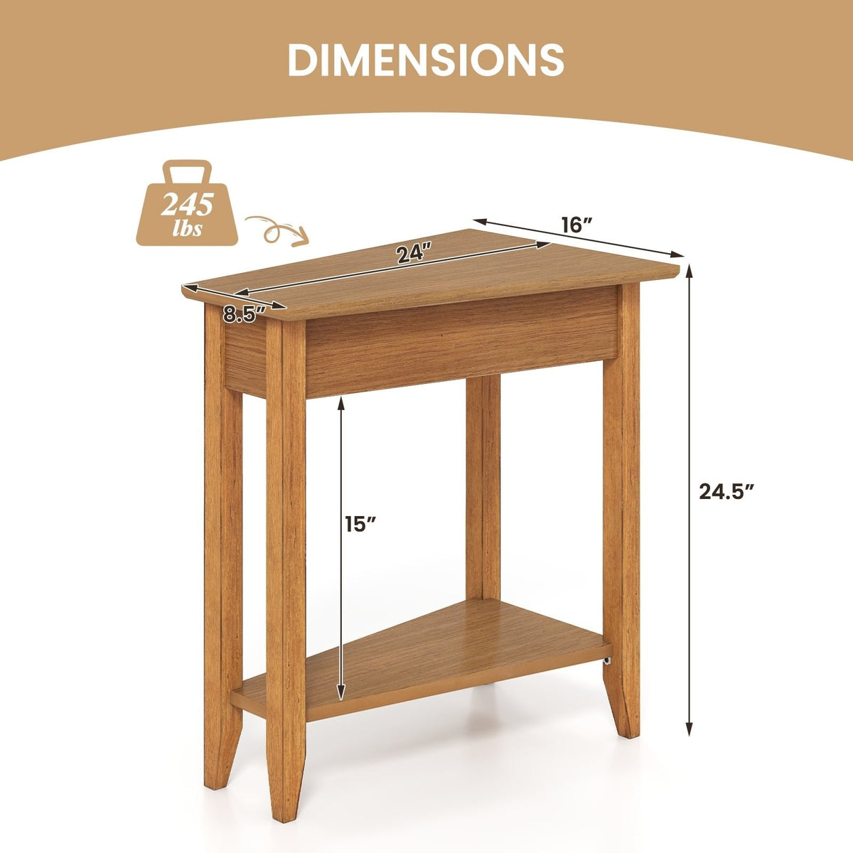 2-Tier Wedge Narrow End Table with Storage Shelf and Solid Wood Legs-Walnut