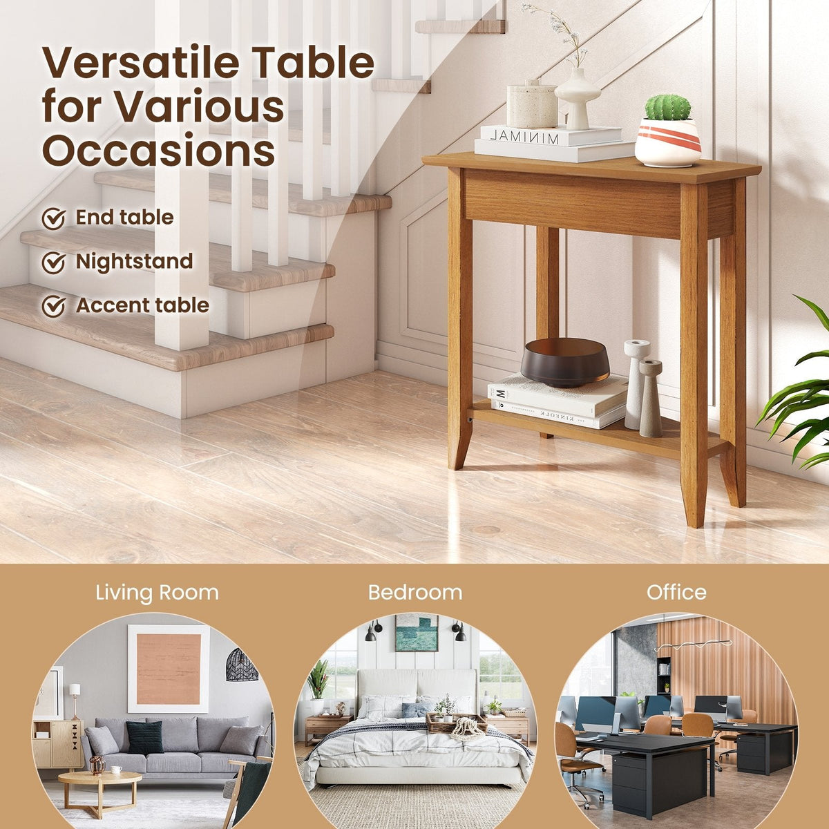 2-Tier Wedge Narrow End Table with Storage Shelf and Solid Wood Legs-Walnut