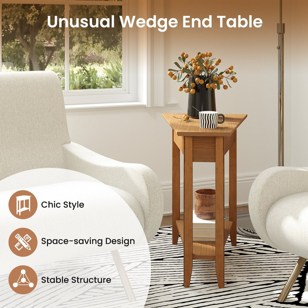 2-Tier Wedge Narrow End Table with Storage Shelf and Solid Wood Legs-Walnut