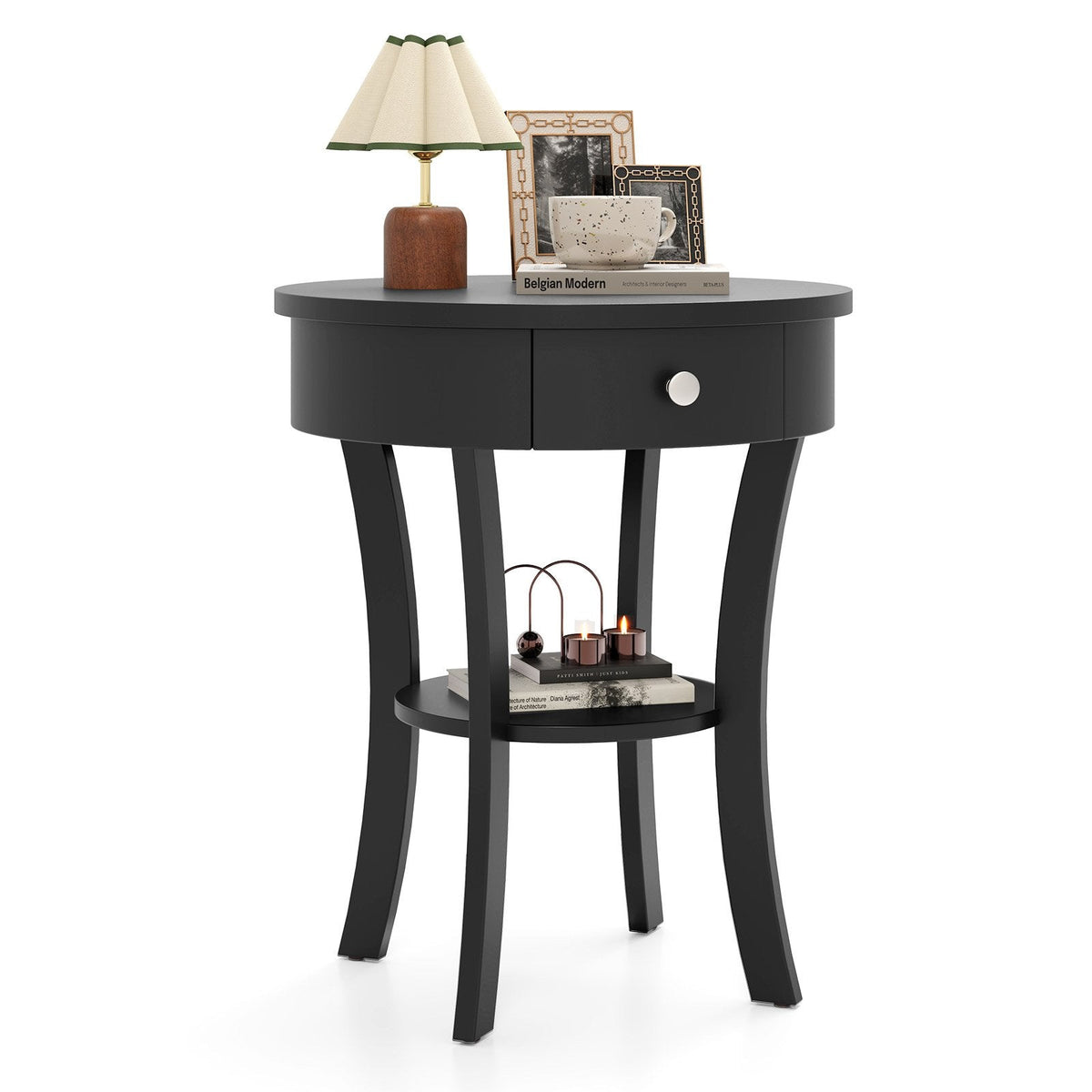 2-Tier Round End Table with Drawer and Open Shelf, Black