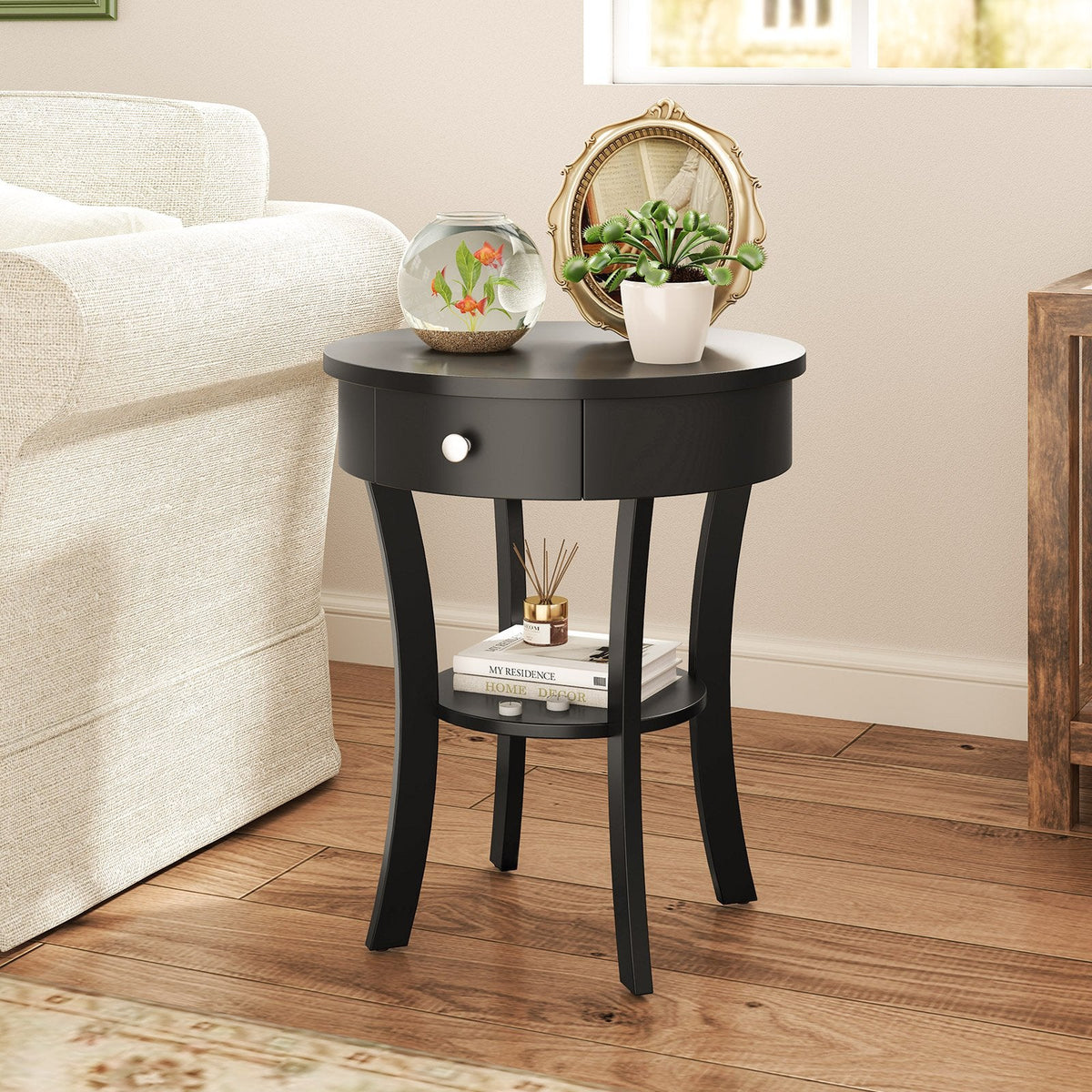 2-Tier Round End Table with Drawer and Open Shelf, Black