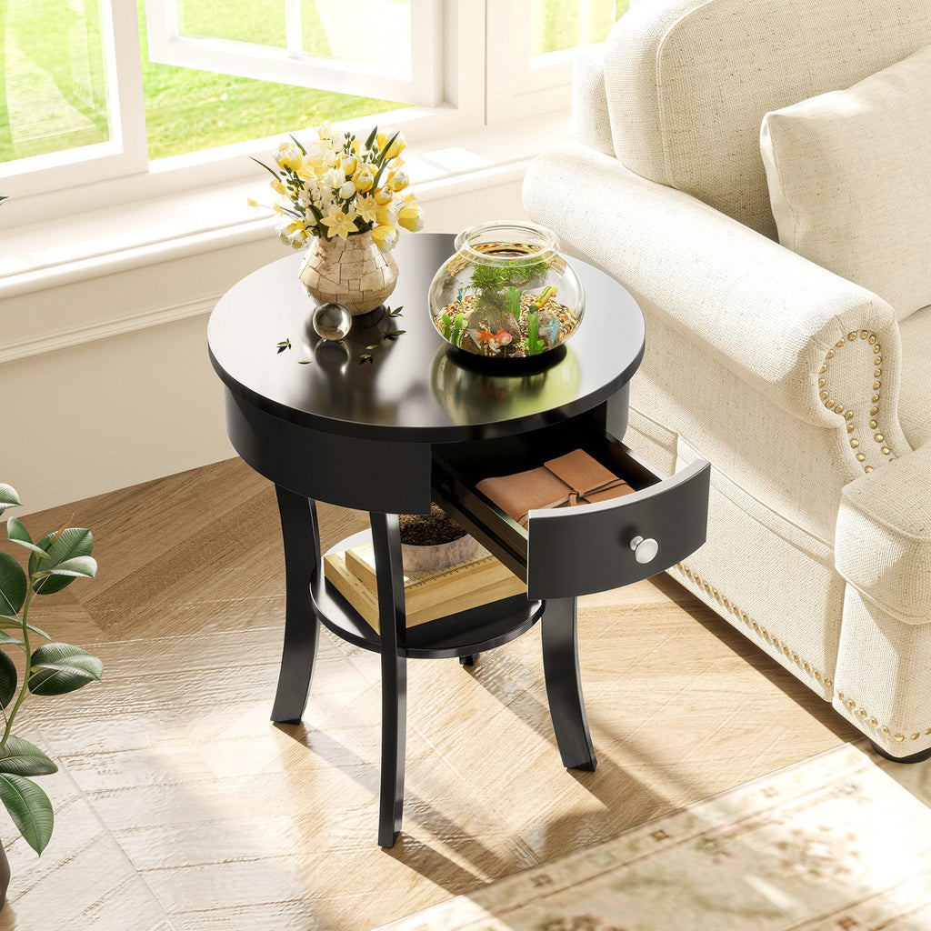 2-Tier Round End Table with Drawer and Open Shelf, Black