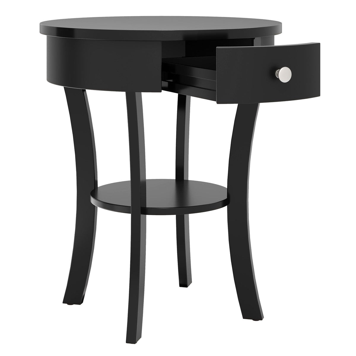 2-Tier Round End Table with Drawer and Open Shelf, Black