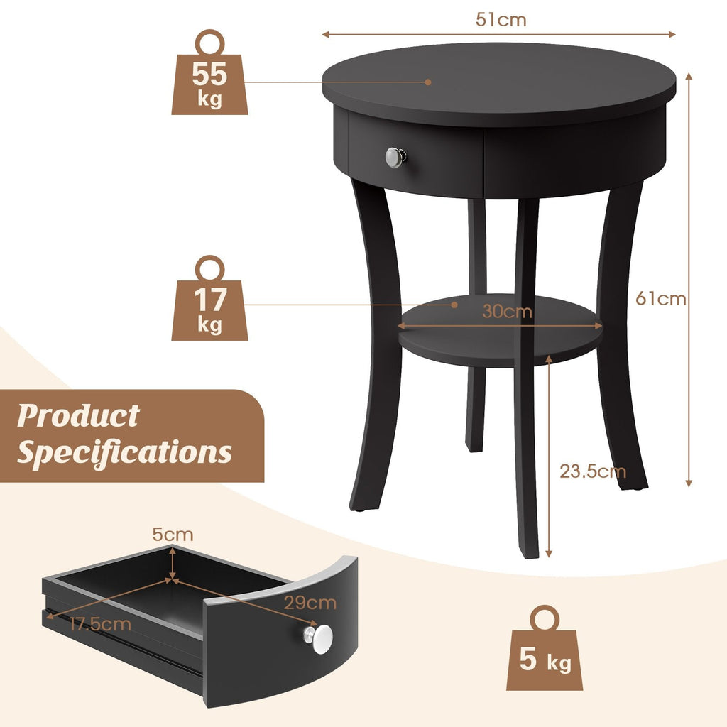 2-Tier Round End Table with Drawer and Open Shelf, Black