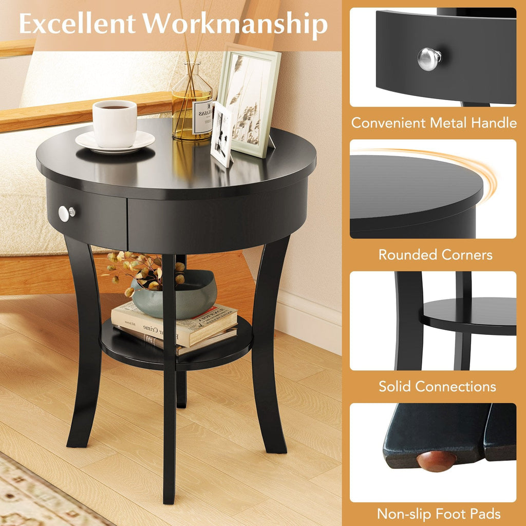 2-Tier Round End Table with Drawer and Open Shelf, Black