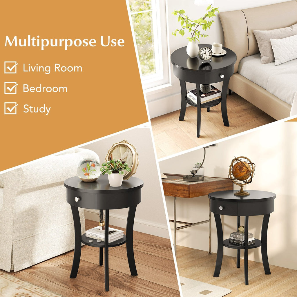 2-Tier Round End Table with Drawer and Open Shelf, Black