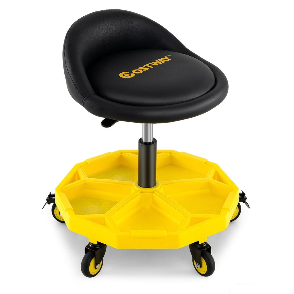 20 Inch-25 Inch Height Adjustable Rolling Garage Stool with Tool Tray Storage-Yellow