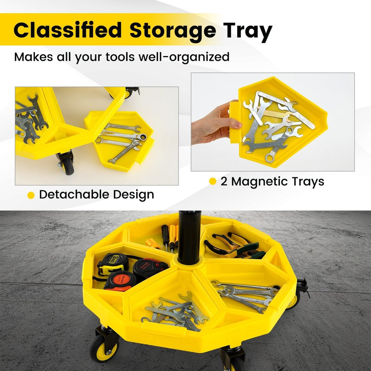 20 Inch-25 Inch Height Adjustable Rolling Garage Stool with Tool Tray Storage-Yellow