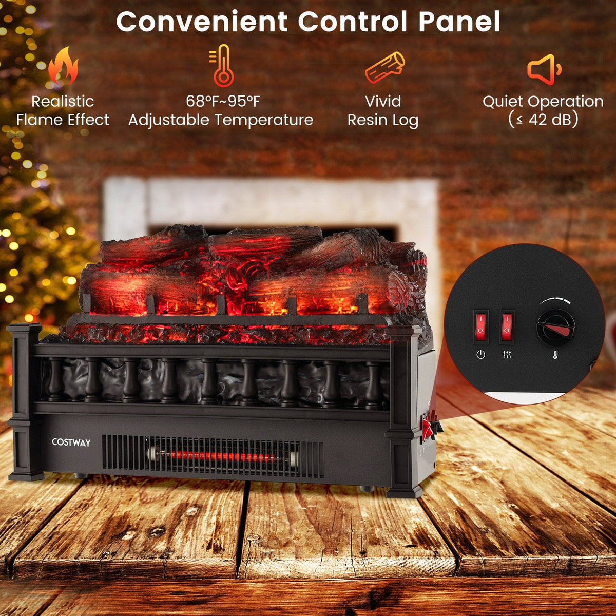 20 Inch Electric Fireplace Heater with Realistic Pinewood Ember Bed-Black