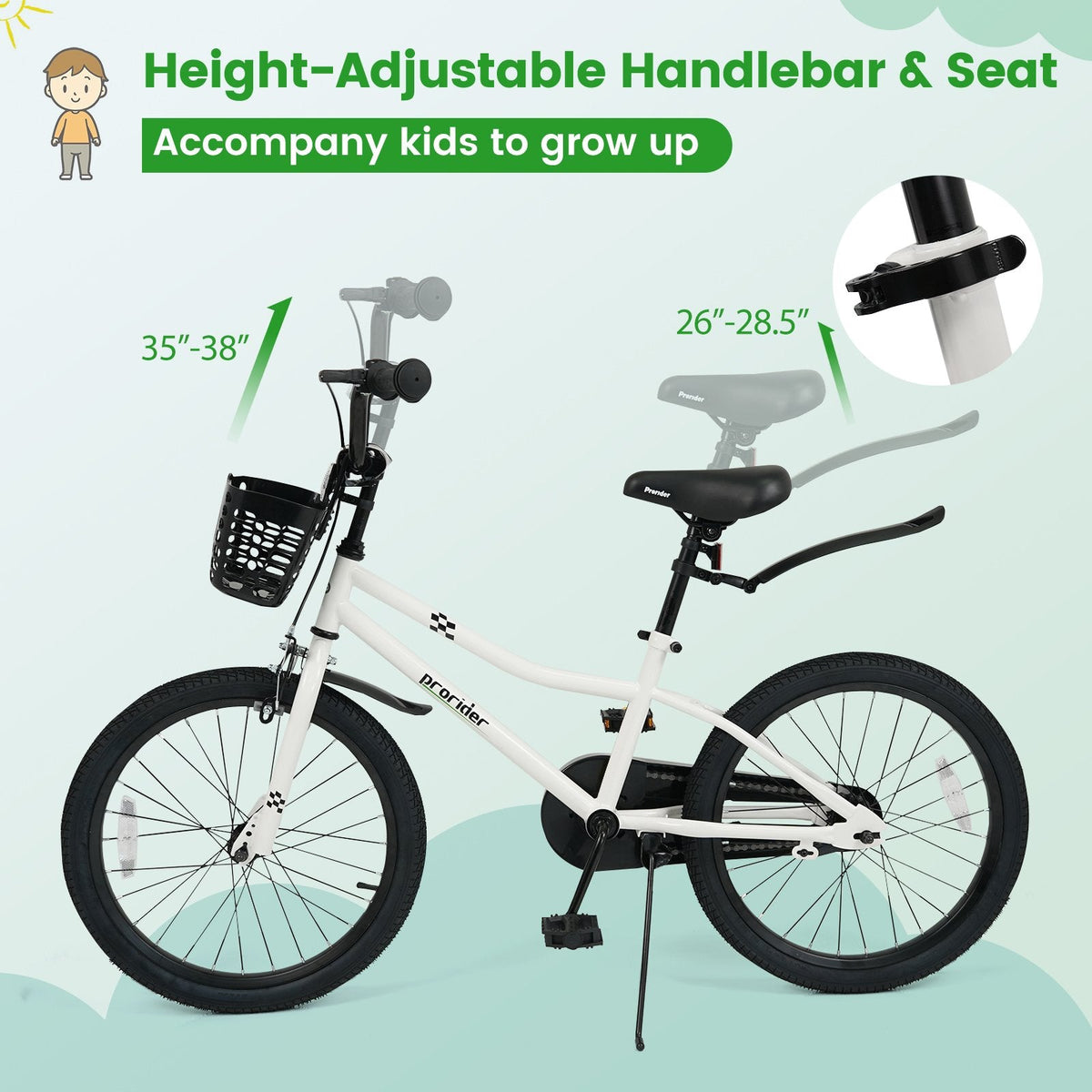 20 Inch Kids Bike with Kickstand, Basket and Mudguards, White