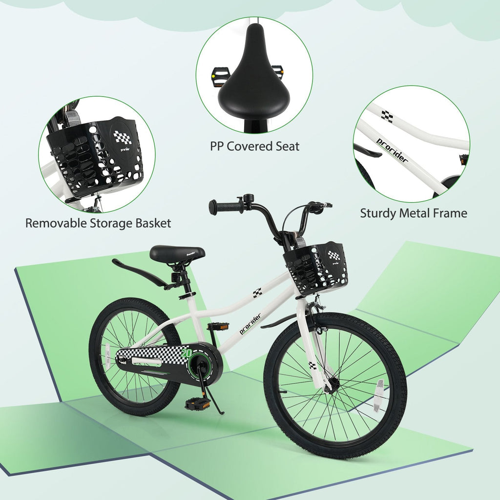 20 Inch Kids Bike with Kickstand, Basket and Mudguards, White