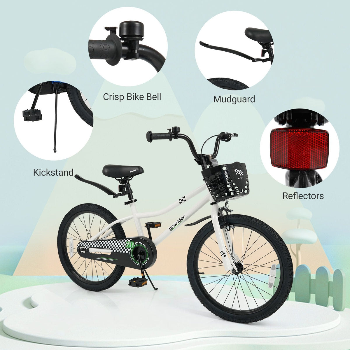 20 Inch Kids Bike with Kickstand, Basket and Mudguards, White