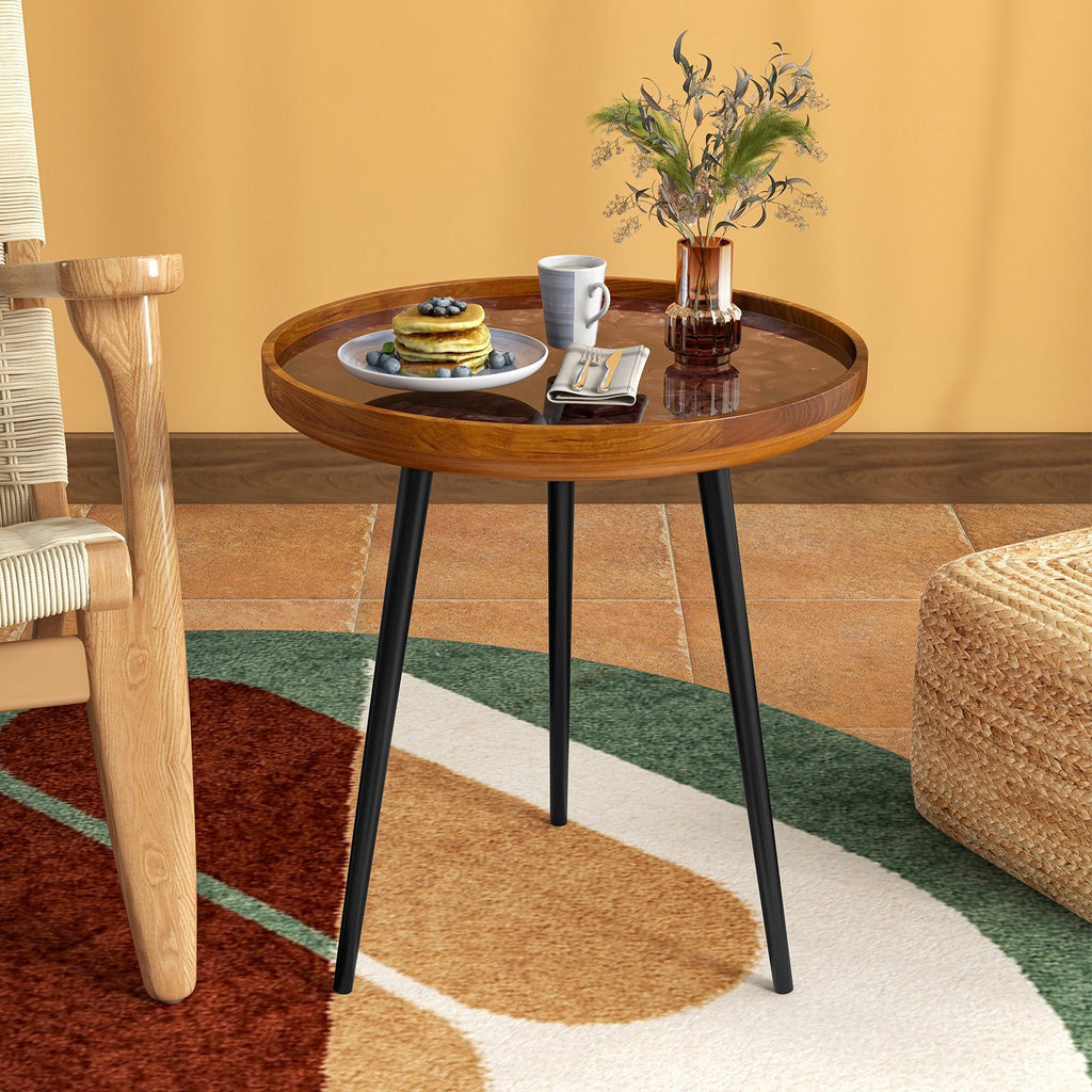 20 Inch Round Teak End Table with Sea Shell Inlay and Resin Finish, Brown