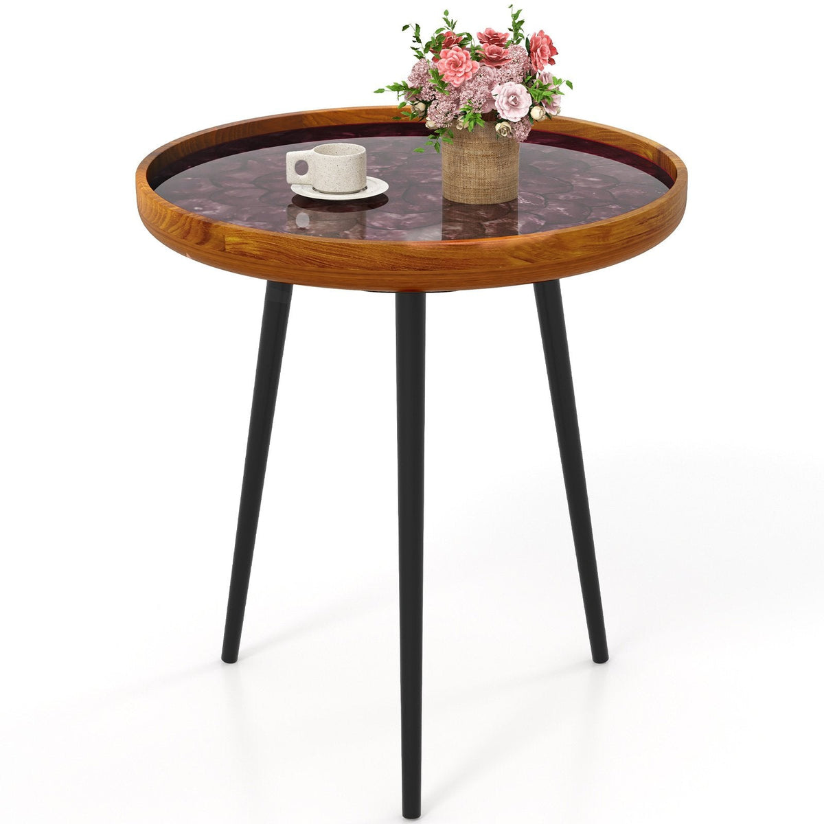 20 Inch Round Teak End Table with Sea Shell Inlay and Resin Finish, Brown
