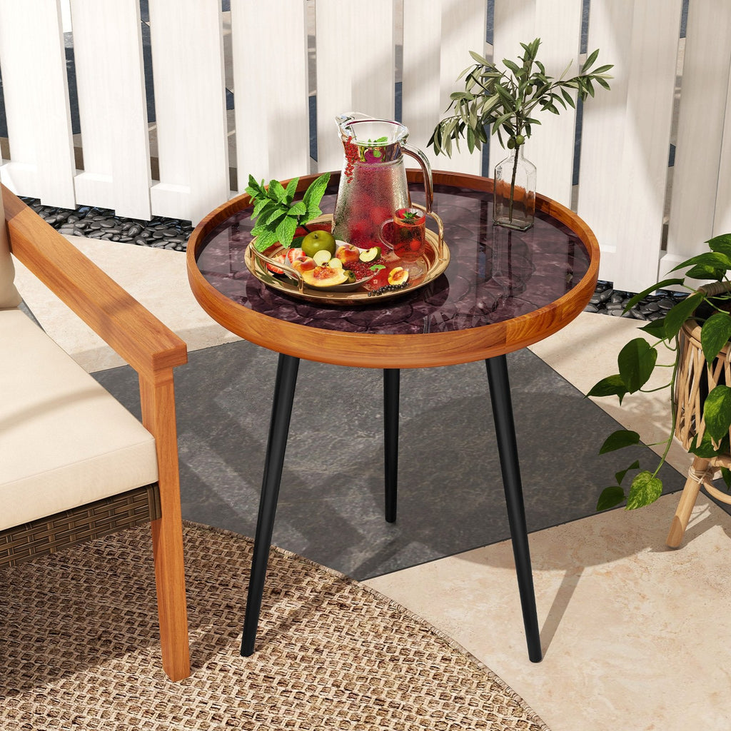 20 Inch Round Teak End Table with Sea Shell Inlay and Resin Finish, Brown
