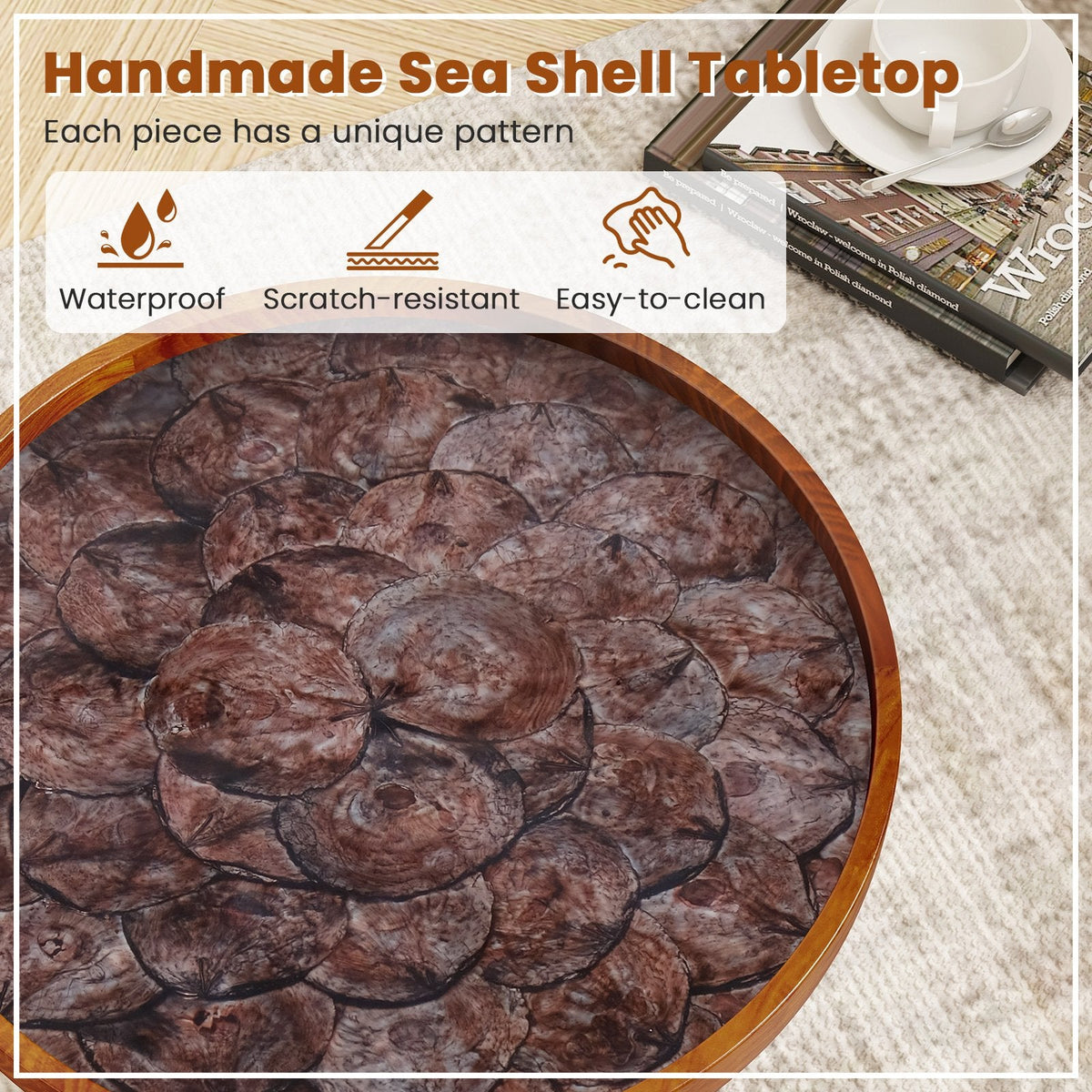 20 Inch Round Teak End Table with Sea Shell Inlay and Resin Finish, Brown