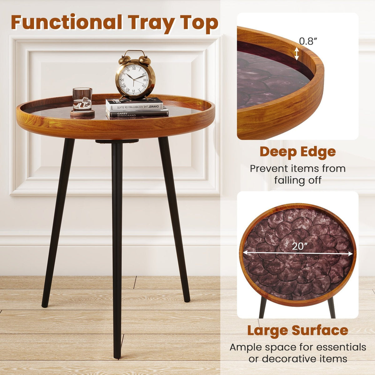 20 Inch Round Teak End Table with Sea Shell Inlay and Resin Finish, Brown