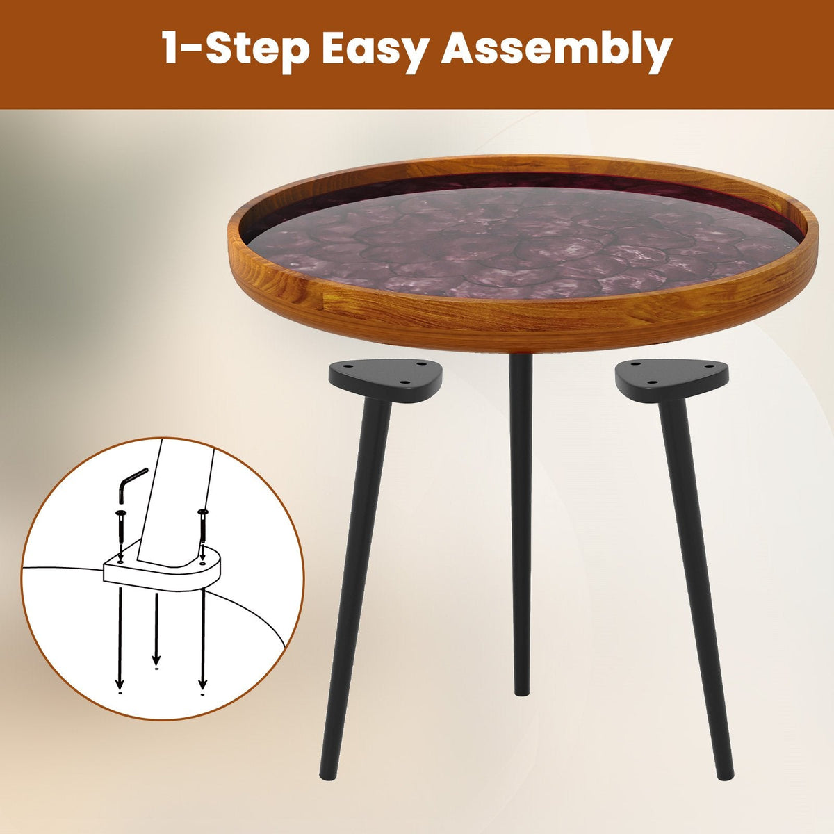 20 Inch Round Teak End Table with Sea Shell Inlay and Resin Finish, Brown