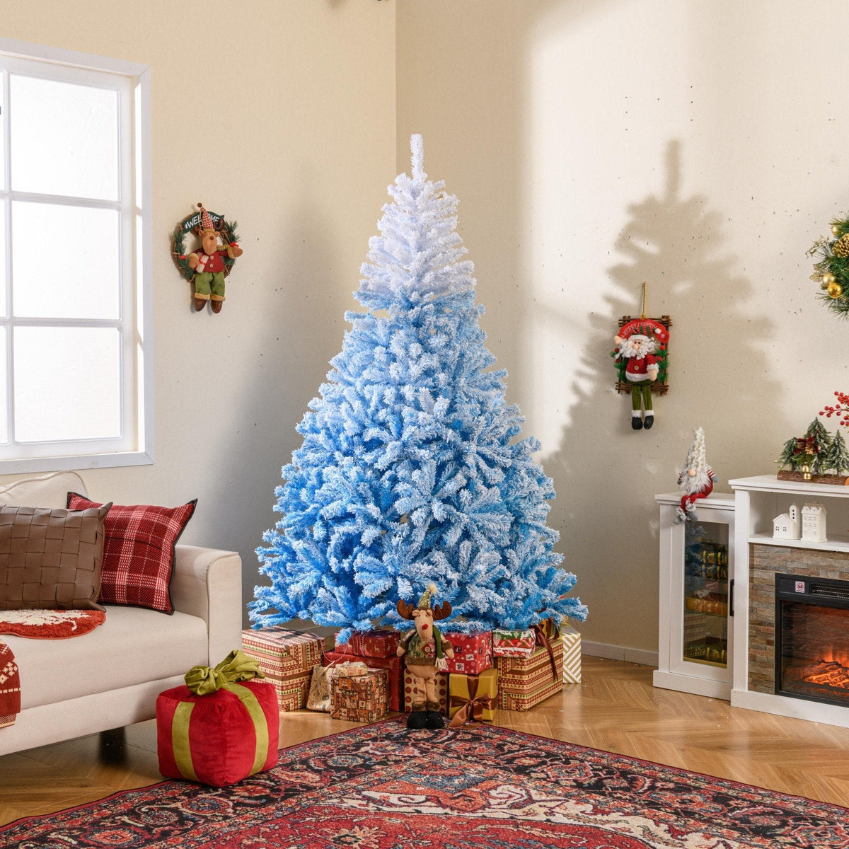 8 FT Blue Gradient Snow Flocked Artificial Christmas Tree with 1774 Hinged Tips and Folding Stand