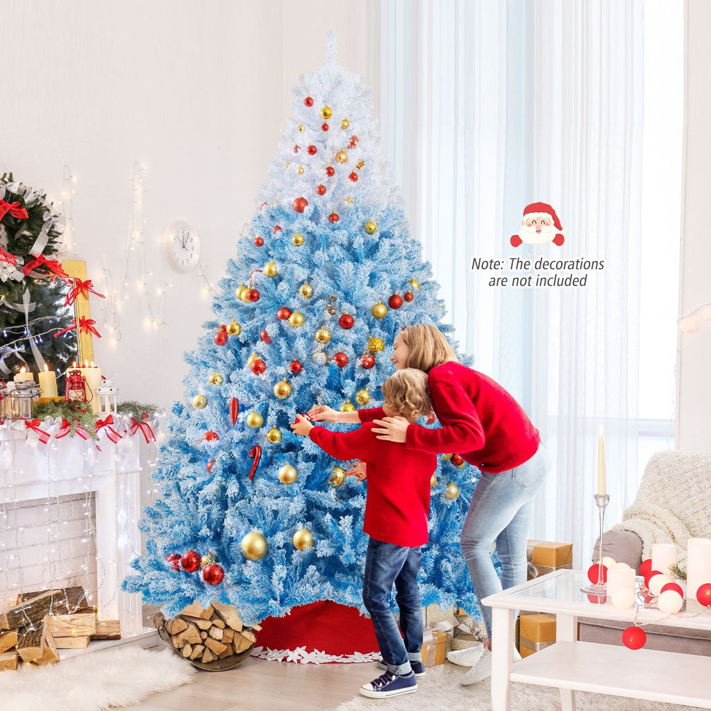 8 FT Blue Gradient Snow Flocked Artificial Christmas Tree with 1774 Hinged Tips and Folding Stand