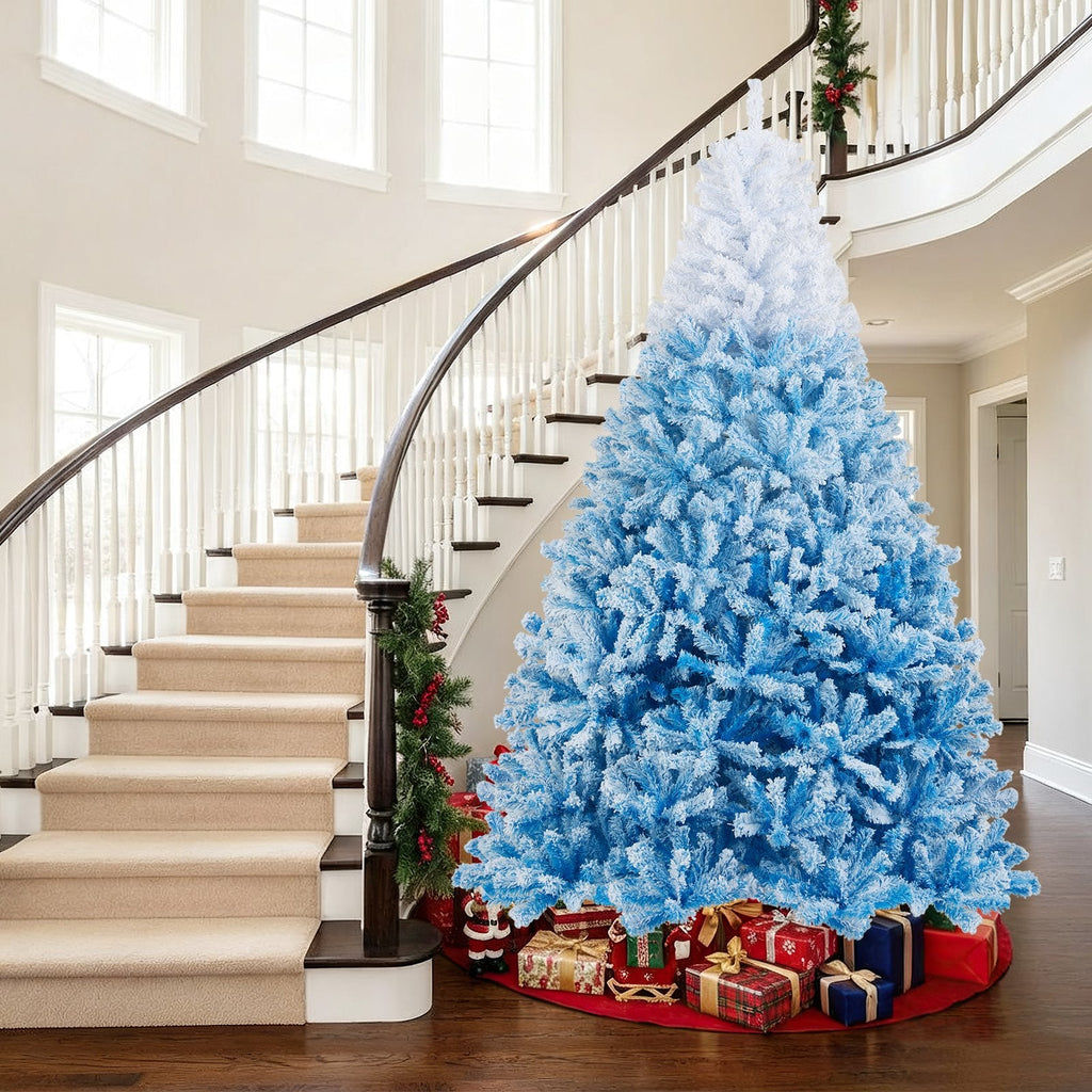 8 FT Blue Gradient Snow Flocked Artificial Christmas Tree with 1774 Hinged Tips and Folding Stand