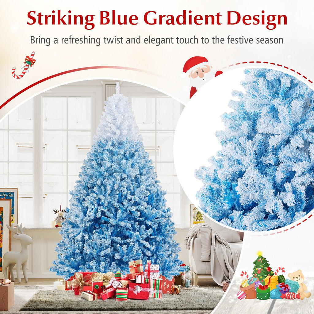 8 FT Blue Gradient Snow Flocked Artificial Christmas Tree with 1774 Hinged Tips and Folding Stand