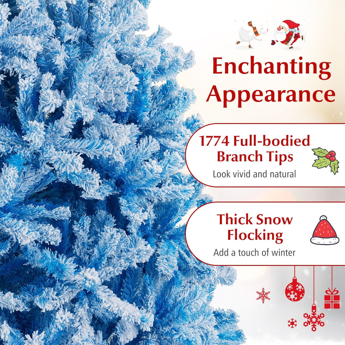 8 FT Blue Gradient Snow Flocked Artificial Christmas Tree with 1774 Hinged Tips and Folding Stand