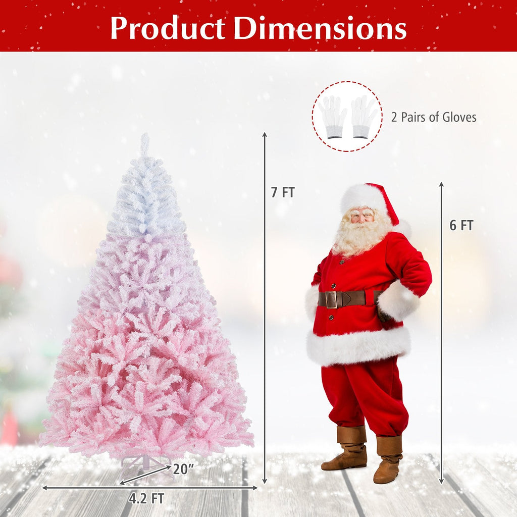 7 FT Pink Gradient Snow Flocked Artificial Christmas Tree with 1264 Tips and Folding Metal Stand