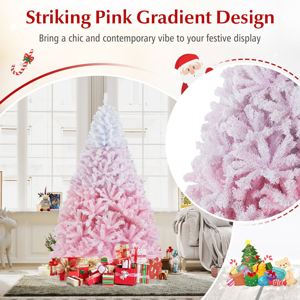 7 FT Pink Gradient Snow Flocked Artificial Christmas Tree with 1264 Tips and Folding Metal Stand