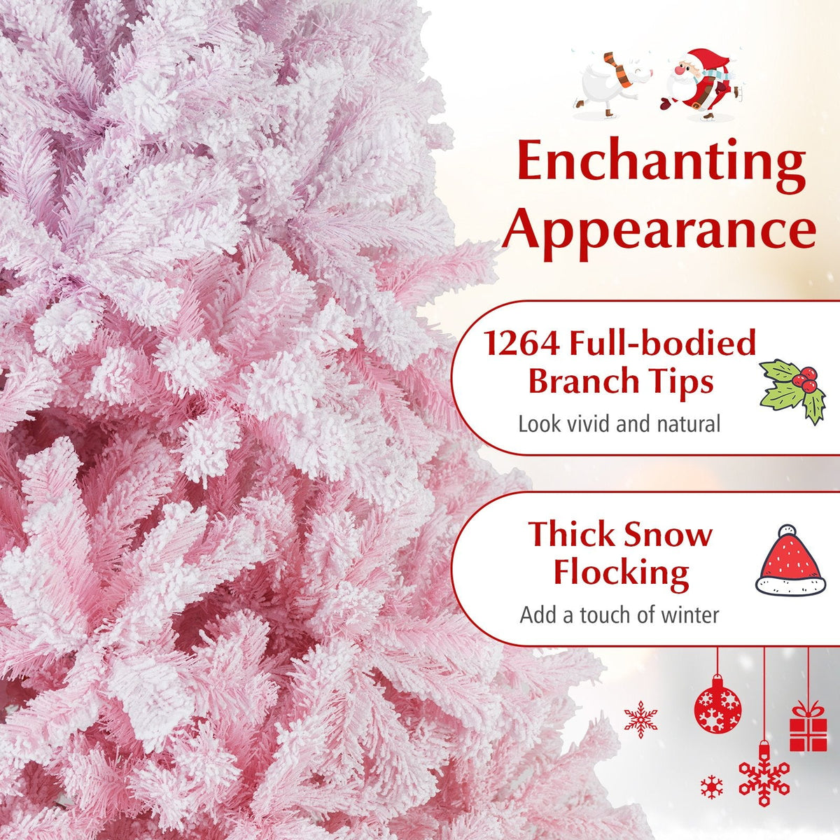 7 FT Pink Gradient Snow Flocked Artificial Christmas Tree with 1264 Tips and Folding Metal Stand