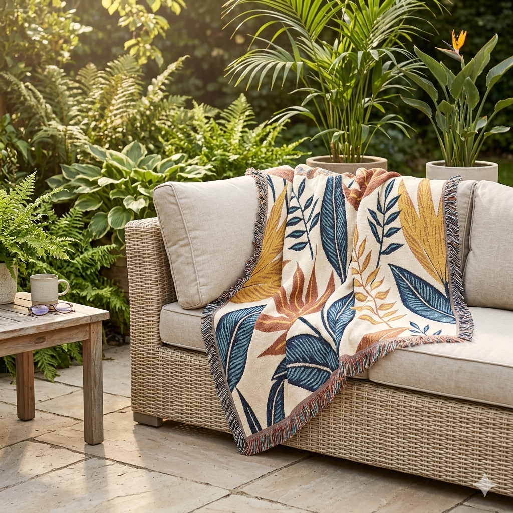 Tropical Leaf Woven Blanket — Boho Botanical Throw for Sofa & Bed