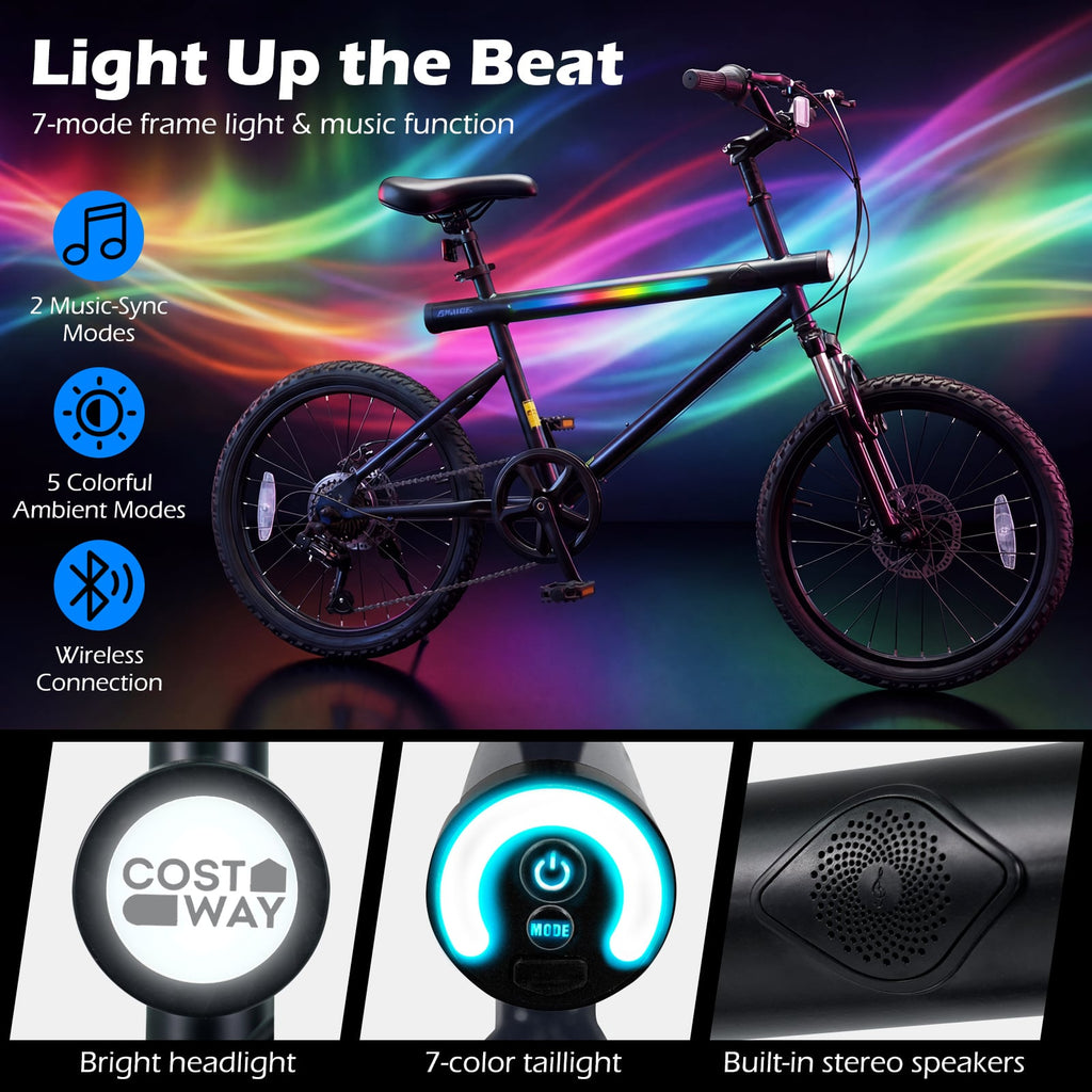 20 Inch LED Lit Commuter Bicycle with Disc Brakes and Stereo Speakers, Black